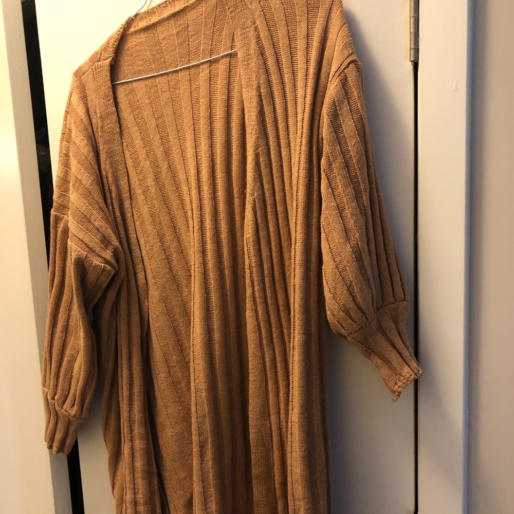 Slouchy bishop sleeve camel long cardigan